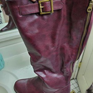 Burgundy size 10 wide calf boots, faux leather